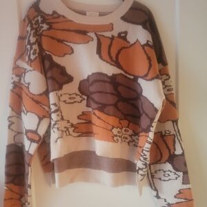 Floral Knit Sweater - Orange and Brown